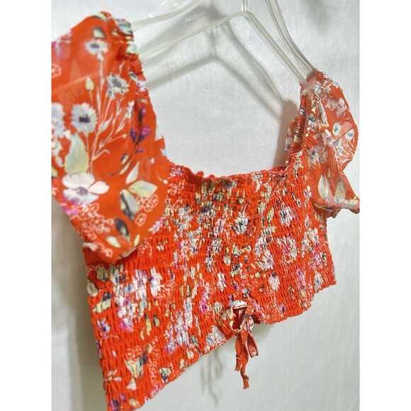 Almost Famous Womens Size XL Orange Floral Cropped Halter Top With Soft Sleeves - Picture 7 of 9